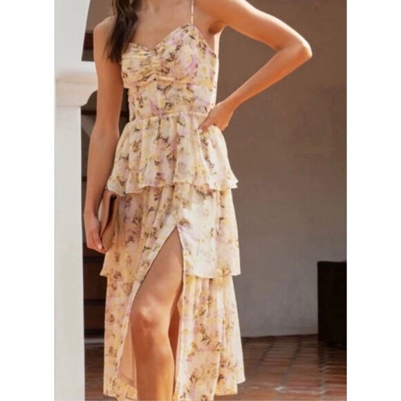 NEW! House of Harlow Ponte Bustier Lace-up-back Tiered Maxi Dress Linen SZ S - Picture 1 of 11